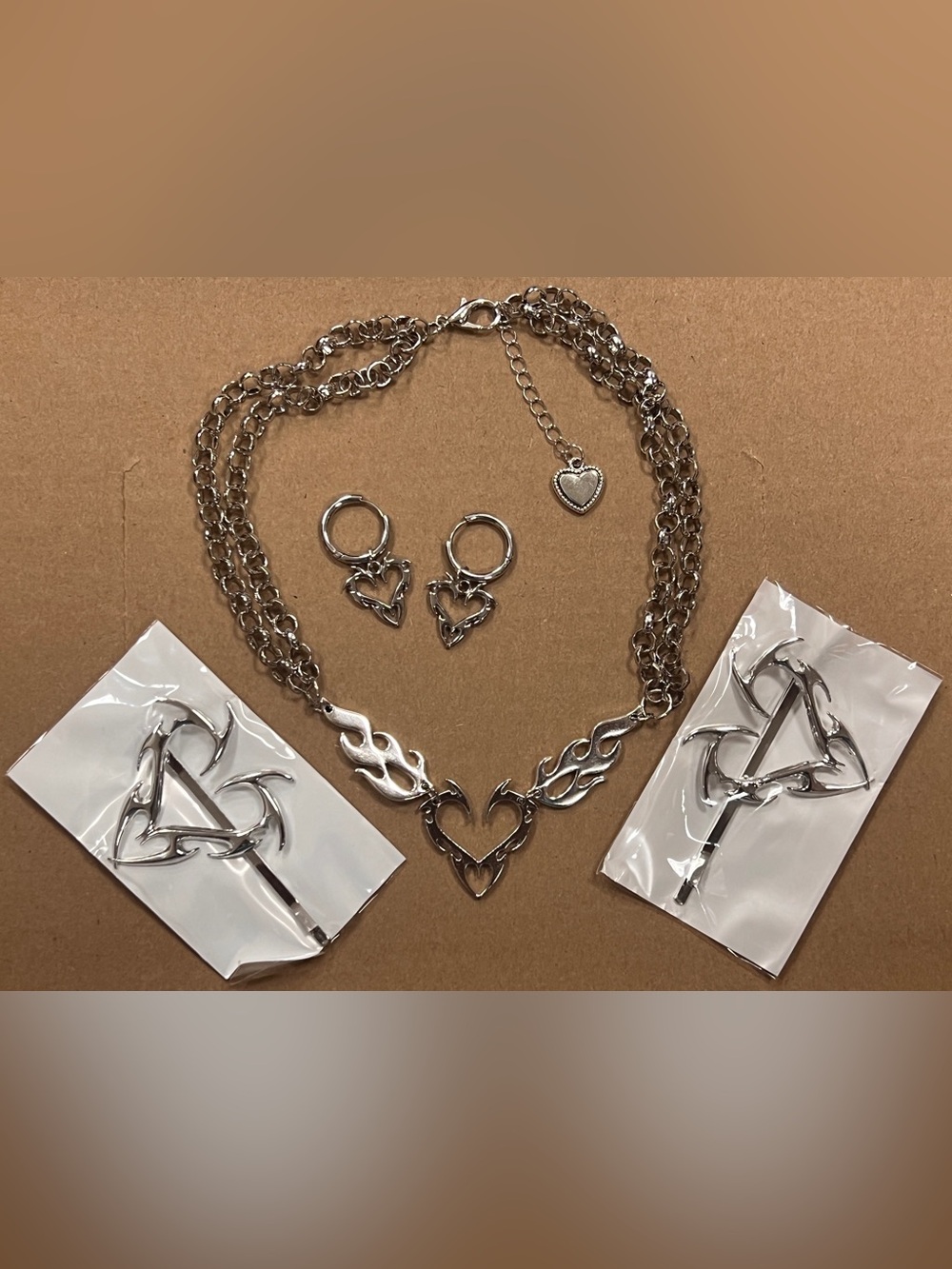 Stainless Steel Tribal Heart Necklace, Earrings, & Hair Pins Jewelry Set